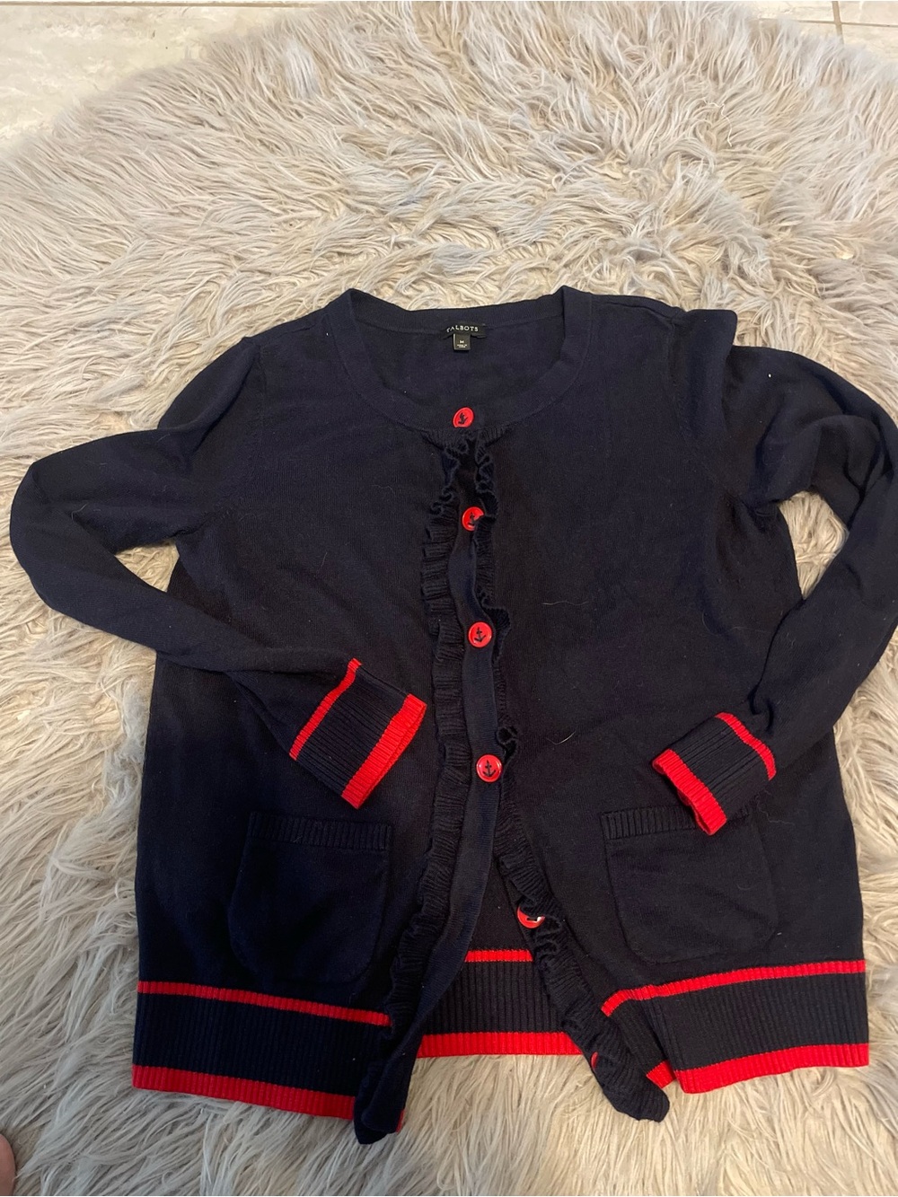 Talbots Navy Knit Cardigan with Red Anchor Button Accent